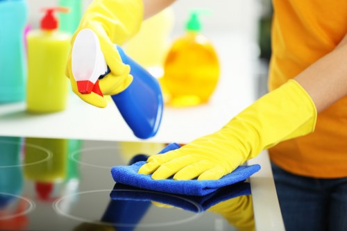 Technician checking records during a carpet cleaning complaint review